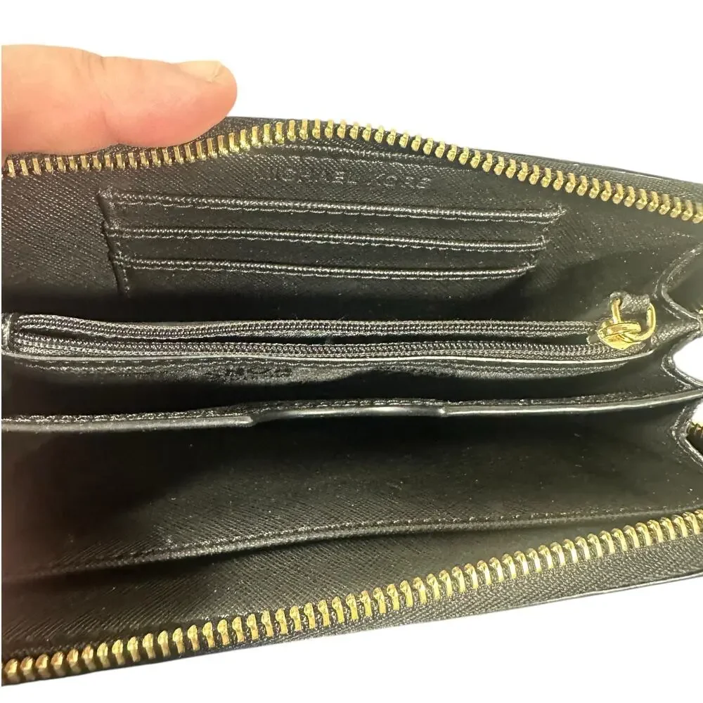 Michael Kors Black Pebbled Leather Zip Around Wallet Gold Hardware - Picture 7 of 11